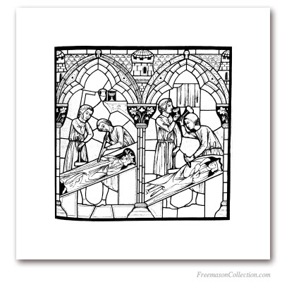 StoneCutters (2) Notre-Dame de Chartres, XIIIth. Engraving according to the stained glass window of Saint-Chéron. Masonic Art