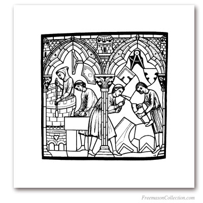 StoneCutters. Notre-Dame de Chartres, Siglo XIII. Engraving according to the stained glass window of Saint-Chéron. Masonic Art