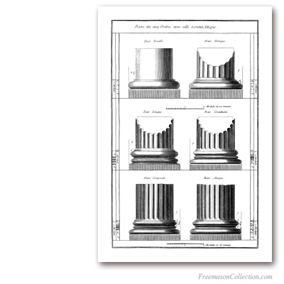 Orders of Architecture: Bases. Encyclopédie Diderot & d'Alembert. Masonic Art
