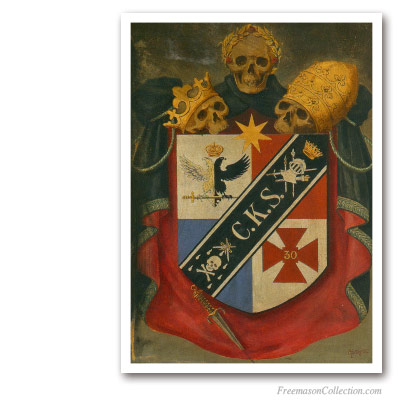 Knight Kadosh Symbolic Coat of Arms (2). Circa 1930. Rare Portrayal of Scottish Rite 30thDegree Crest. Rito Escocés.